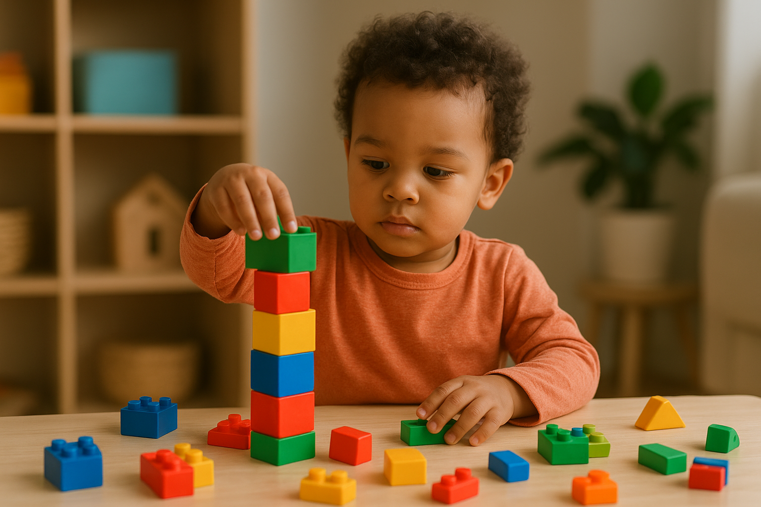 child constuctive playing with blocks