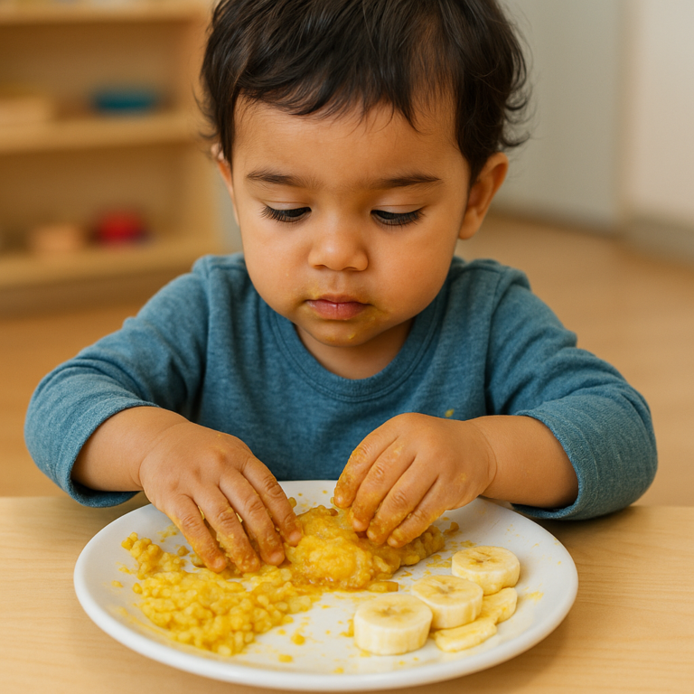child interacting with food during mealtime