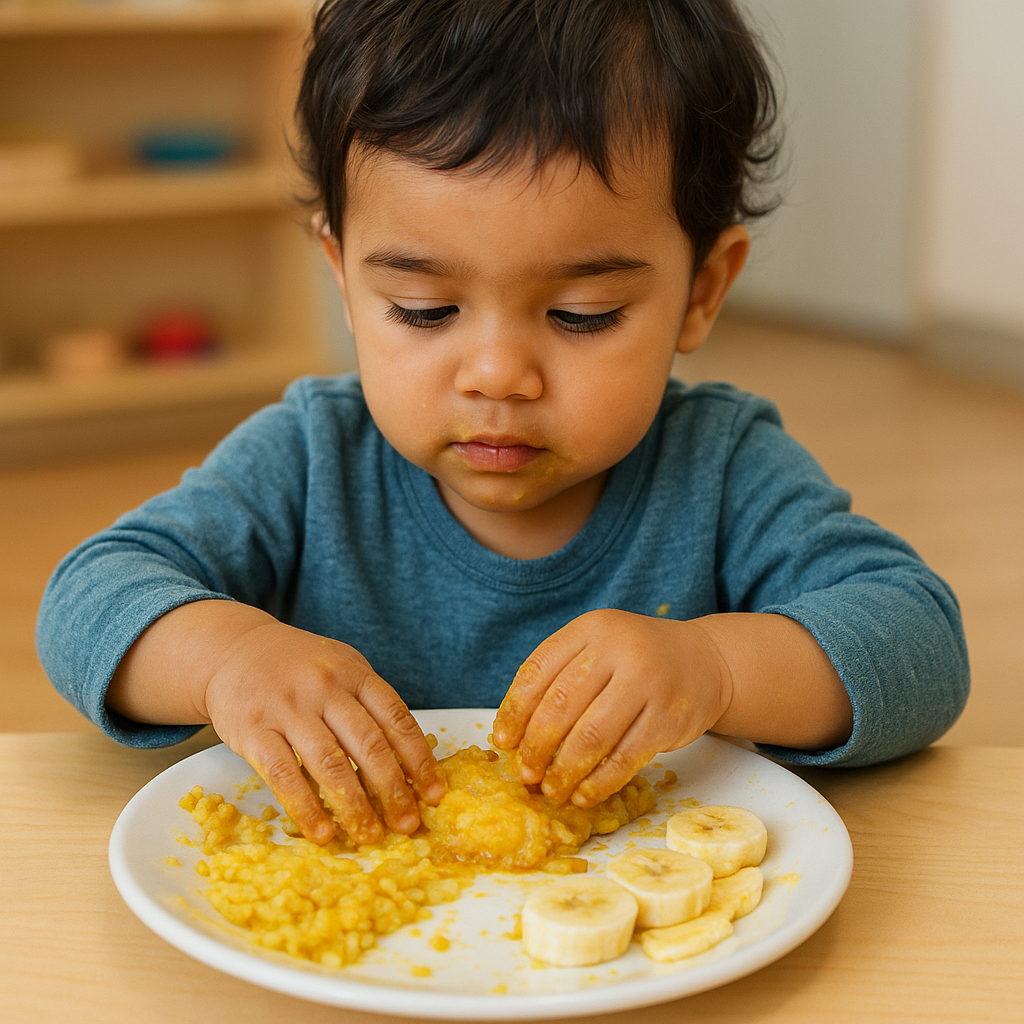 child interacting with food during mealtime